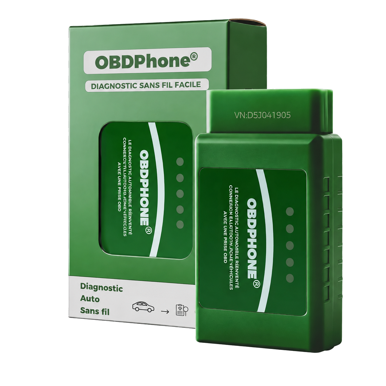 Boîtier de diagnostic OBDPhone® vert avec sa boîte